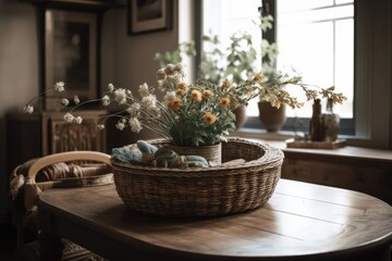 On the table are some flowers in a rattan container. selective attention. Generative AI