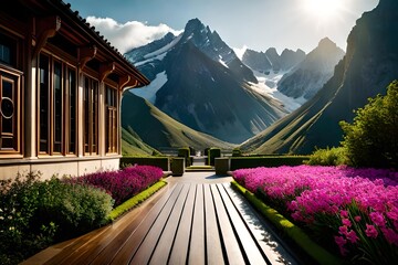 Fototapeta premium A glamorous orchid garden next to a luxurious house with a big mountain in the background. Generative AI