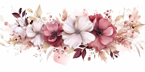 romantica acuarela  con flores en tonos claros rosas, rojos , granates y beiges  sobre fondo blanco .Concepto celebraciones