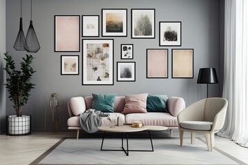 Presentation of a poster or photograph with a mock up poster gallery wall with seven frames in a room that is solid pastel black and silver and has furniture and plants. Generative AI