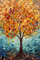 Multicolor abstract autumn tree painting . Colorful leaves forming a Tree of Life. Dark gold and aquamarine, eco, earthy color palettes, textured illustration. Ai generative. - obrazy, fototapety, plakaty