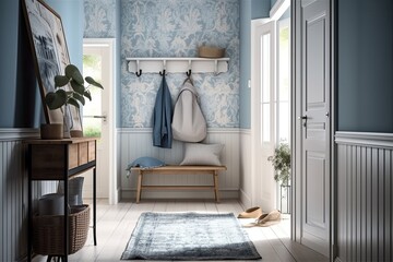 Scandinavian hallway with mock up in white and blue tones. Coat rack with wooden bench. Glass, wallpaper, and the front door of a farmhouse. Generative AI