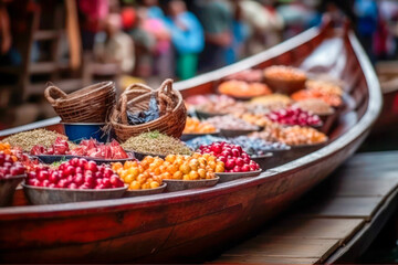 Fruit and vegetable market on boats in Thailand. Generative AI.