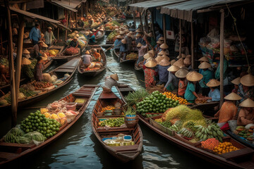 Fototapeta premium Fruit and vegetable market on boats in Thailand. Generative AI.