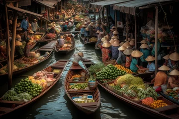 Foto op Canvas Fruit and vegetable market on boats in Thailand. Generative AI. © Agustin