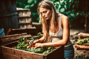Young woman, taking care of her urban ecological garden. Generative AI.