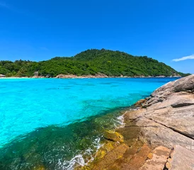 Poster Kho Rasha island off the coast of phuket thailand by speed bias from Chalong Bay, beautiful turquoise Blue beach with white soft sand and lush green trees  © Elias Bitar