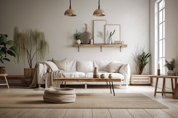 over a fuzzy country living room with a sofa, carpet, and coffee table, potted plants, white architecture interior design, a wooden table top or shelf with scented sticks bottles,. Generative AI