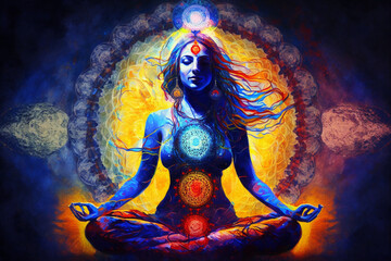 beautiful goddess meditating chakra symbols spiritualit created with generative AI technology - obrazy, fototapety, plakaty