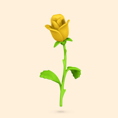 Fototapeta premium 3D flower. Cute yellow rose in cartoon style for bouquet or decoration. Vector illustration