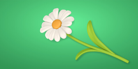 3D Cute colorful daisy flower on green background. Chamomile in cartoon style. Vector illustration