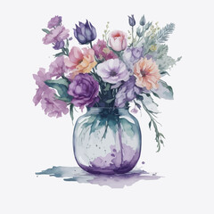 Vase of flowers clipart white background. Watercolor flower in vase bouquet colorful painting.