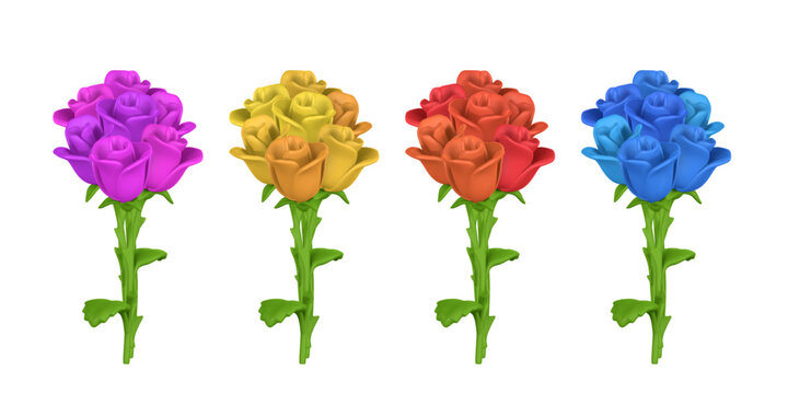 3D flower. Cute bouquet of roses in cartoon style. Vector illustration