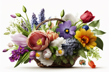 Beautiful bouquet of colorful spring flowers on white background. generated AI