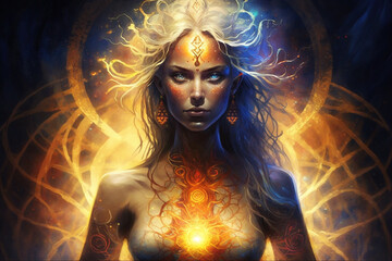 beautiful goddess meditating chakra symbols spiritualit created with generative AI technology - obrazy, fototapety, plakaty
