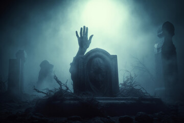 Silhouette of a zombie skeleton hand reaching from a spooky cemetery grave