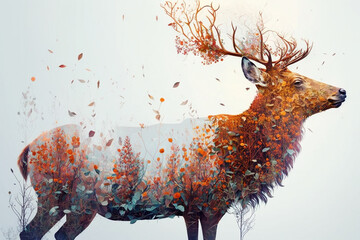 Double exposure of a red deer and flora created with generative AI technology