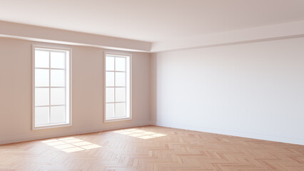 Interior with White Walls, Two Windows, White Ceiling and Cornice, Glossy Herringbone Parquet Flooring and a White Plinth. Beautiful Interior Concept. 3D illustration, 8K Ultra HD, 7680x4320, 300 dpi