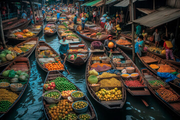 Fototapeta premium Fruit and vegetable market on boats in Thailand. Generative AI.