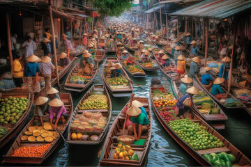 Fruit and vegetable market on boats in Thailand. Generative AI. - obrazy, fototapety, plakaty