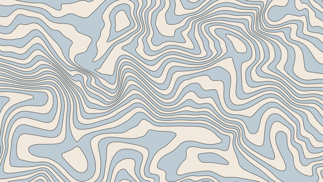 Groovy abstract horizontal background with beige and blue waves. Trendy vector illustration in retro style 60s, 70s. Cool stripped psychedelic backdrop