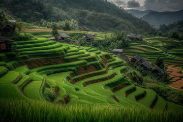 Fototapeta na wymiar Rice paddy plantation in the fields of Thailand. Generative AI.