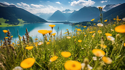 Beautiful summer scene with a flower field, snow capped mountains, and a blue lake. Generative AI