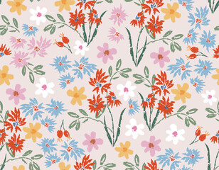 Artistic Blooming floral ,Colourful Sprogn time Hand drawing Meadow flower seamless Pattern ,