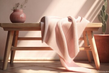 Fototapeta na wymiar Realistic close up of a simple oak wood seat with a cotton pastel pink throw blanket, a background of an empty beige wall with shadows cast by greenery. Sunlight's overlay template for cosmetics