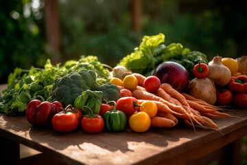 Vegetables on a wooden table in the organic garden. Generative AI.