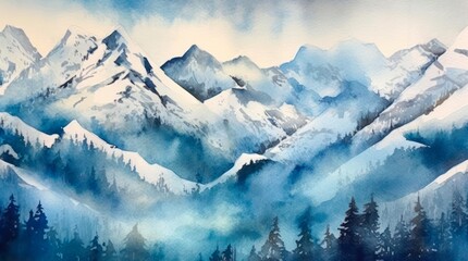 Fototapeta premium Winter landscape with snow-capped mountains. Generative AI.