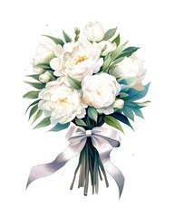 Bouquet of white peonies isolated on white background in watercolor style. Generative AI.