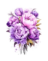 Bouquet of violet peonies isolated on white background in watercolor style. Generative AI.