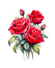 Bouquet of red roses isolated on white background in watercolor style. Generative AI.