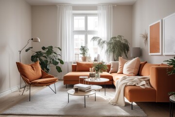 Orange and beige colors dominate the living area of a contemporary Scandinavian apartment. Generative AI