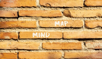 Obraz premium Mind map symbol. Concept words Mind map on beautiful brown bricks on a beautiful brick wall background. Business, support, motivation, psychological and mind map concept. Copy space.