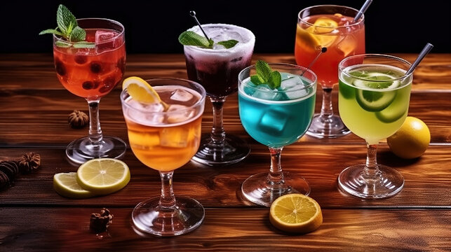 Exquisite Array of Colorful Exotic Cocktails on a Wooden Table. Generative AI