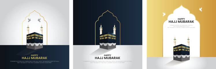 Happy Hajj Mubarak dark blue, golden, light ash background. Kaaba vector. copy space