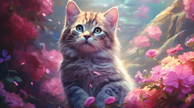 A beautiful and cute image of a cat in the middle of flowers