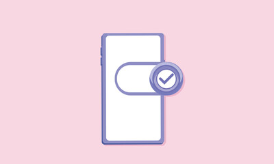 Phone with toggle switch button and check mark. Mobile settings. Slider with tick. Digital technology.vector on pink background