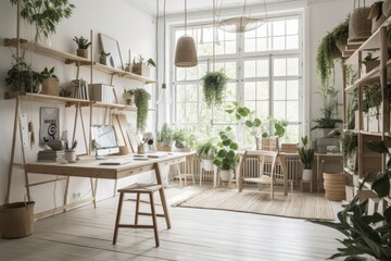 Open concept, stylish Scandinavian home with lots of plants, design accents, a bamboo shelf, a wooden desk, and mock up drawings of forests hanging from the ceiling. Home decor with a botany theme. br