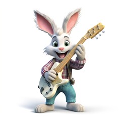 Naklejka na ściany i meble Cute Rabbit playing guitar mascot character Generative AI