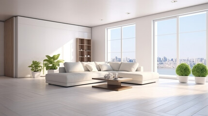 Fototapeta na wymiar White modern interior with panoramic windows and corner sofa-3D rendering. Generative AI