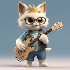 Cute cat cartoon playing guitar. illustration. Generative AI