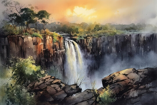 Watercolor painting of Victoria Falls on the Zambezi River. Generative AI.
