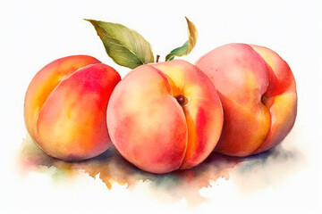 Fototapeta na wymiar Watercolor painting of some peaches on a white background. Generative AI.