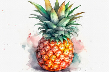Watercolor painting of a pineapple on a white background. Generative AI.