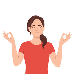 Meditation and getting harmony concept. Young relaxed woman with eyes closed standing meditating and getting balance with mind and body. Flat vector illustration isolated on white background