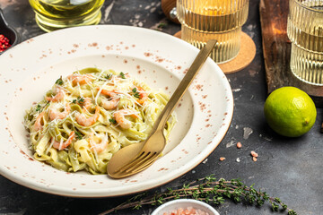 Pasta with shrimps, bechamel sauce, italian cuisine, Restaurant menu, dieting, cookbook recipe top view