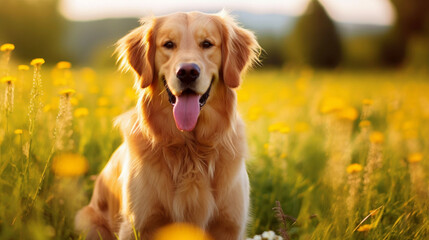 Golden Retriever in the yellow dandelion field at sunset.Concept of national golden retriever day.